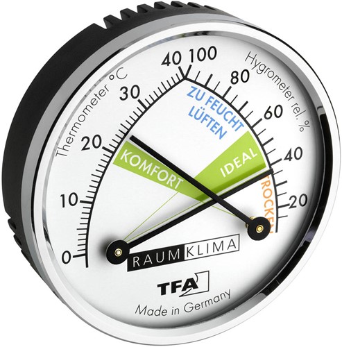 TFA Thermometer / Hygrometer analoog Ø71mm - met messing ring - gekleurde comfortzones