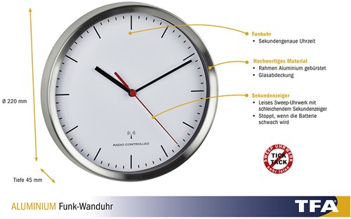 TFA Wandklok Analoog Met RVS Frame-2