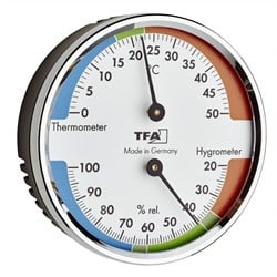 TFA Thermometer / Hygrometer analoog Ø71mm - met messing ring - gekleurde comfortzones