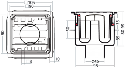 VDB Doucheput met ABS Puthuis + RVS Rooster | 105 x 105mm - 50mm Onderuitl.-2