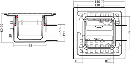 VDB Doucheput met ABS Puthuis + RVS Rooster | 150x150x80mm - 50mm Zijuitl.-2