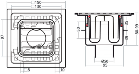 VDB Doucheput met ABS Puthuis + RVS Rooster | 150 x 150mm - 50mm Onduitl.-2
